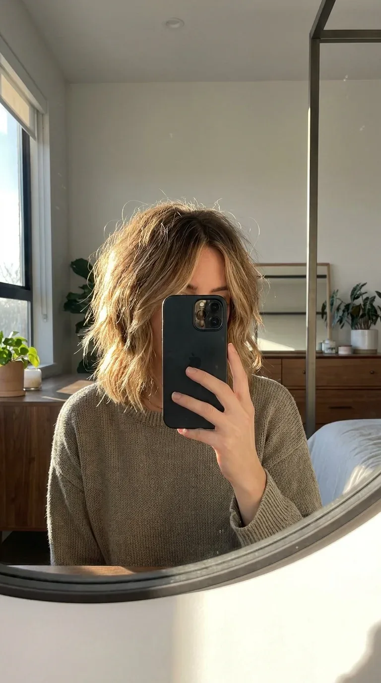 Woman with a layered shaggy lob taking an iPhone mirror selfie.