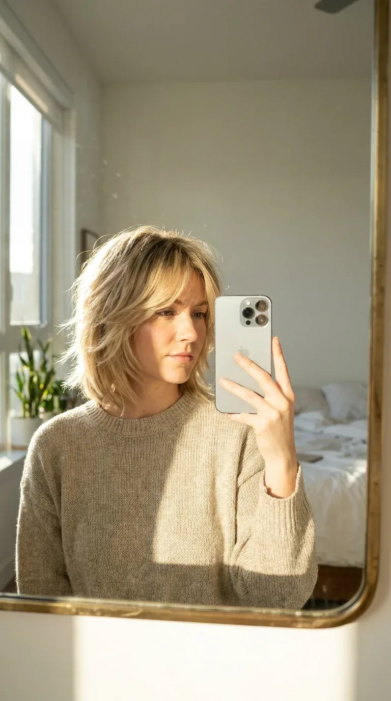 Woman with a layered shaggy bob taking an iPhone mirror selfie.