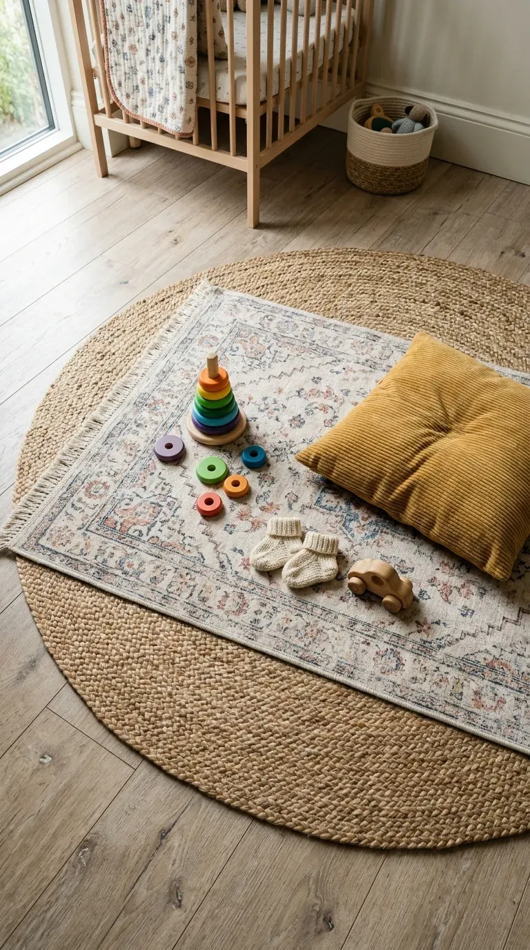 12 Aesthetic Kids Bedroom Ideas for a Dreamy Space 7 Washable patterned rug layered over a jute rug