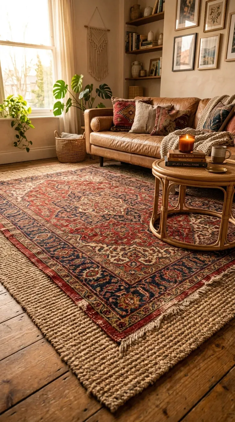 15 Genius Bohemian Home Decor Ideas You Need to Try 2 A cozy bohemian living room featuring beautifully layered vintage Persian rugs