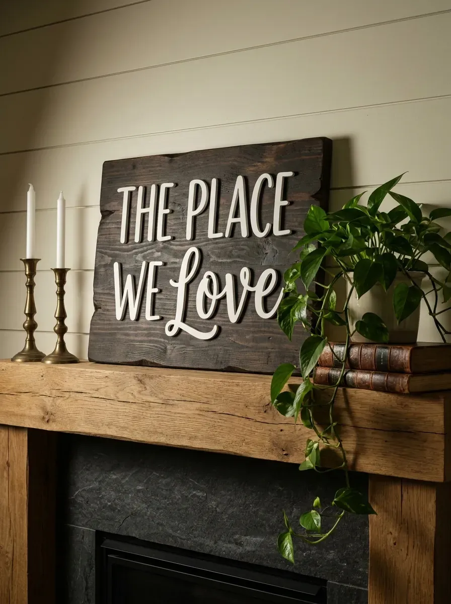 13 Genius Cricut Home Decor Projects You Need to Try 7 A rustic layered wooden sign resting on a beautifully styled mantel