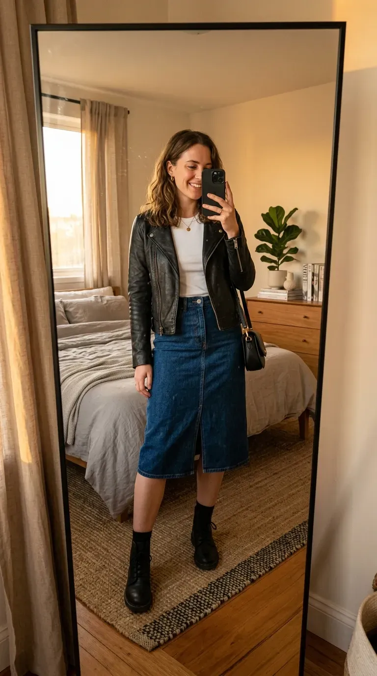 How to Style a Denim Skirt: 10 Chic Outfit Ideas You'll Want to Wear 9 Woman wearing a leather jacket with a denim skirt taking an iPhone mirror selfie.