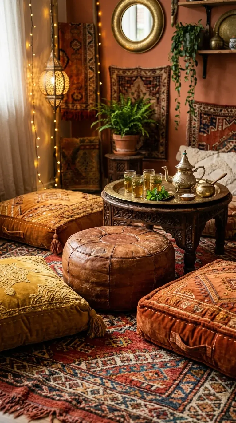 15 Genius Bohemian Home Decor Ideas You Need to Try 5 A relaxed bohemian seating area with leather poufs and floor cushions