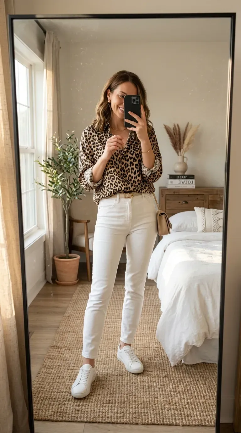 Woman styling leopard print with an elegant all-black outfit and heels.