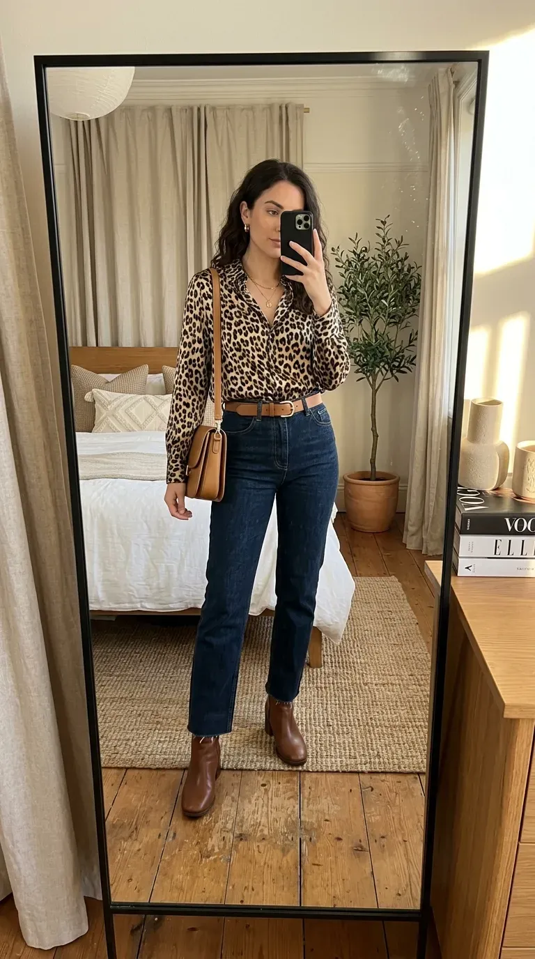 Woman wearing a leopard print blouse with dark wash jeans and ankle boots.