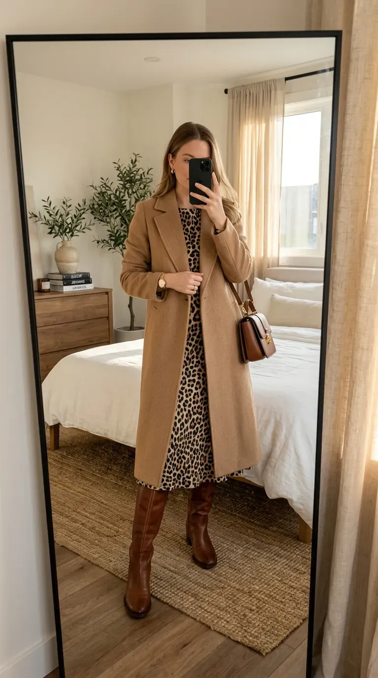 Woman wearing a leopard print dress with a tailored beige blazer and heels.