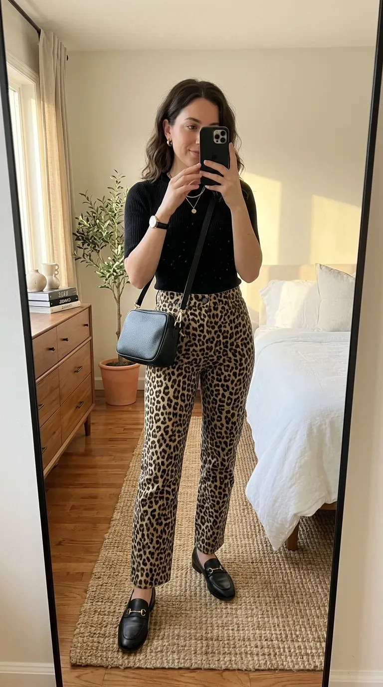 Woman wearing leopard print pants with a fitted black knit top and loafers.