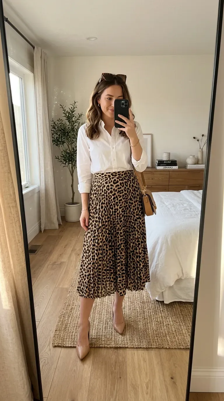 Woman wearing a leopard print midi skirt with a crisp white button-down shirt.