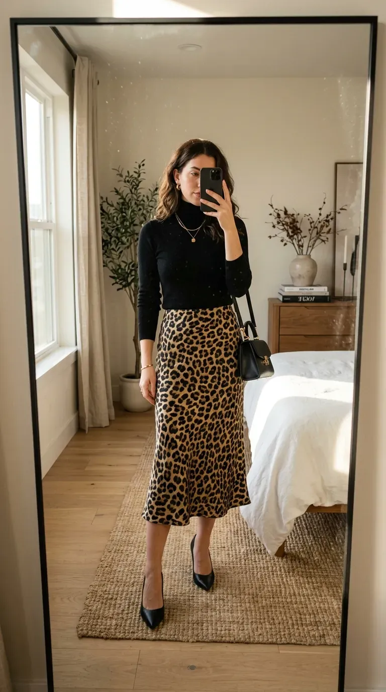 Woman wearing a leopard print top with white jeans and white sneakers.