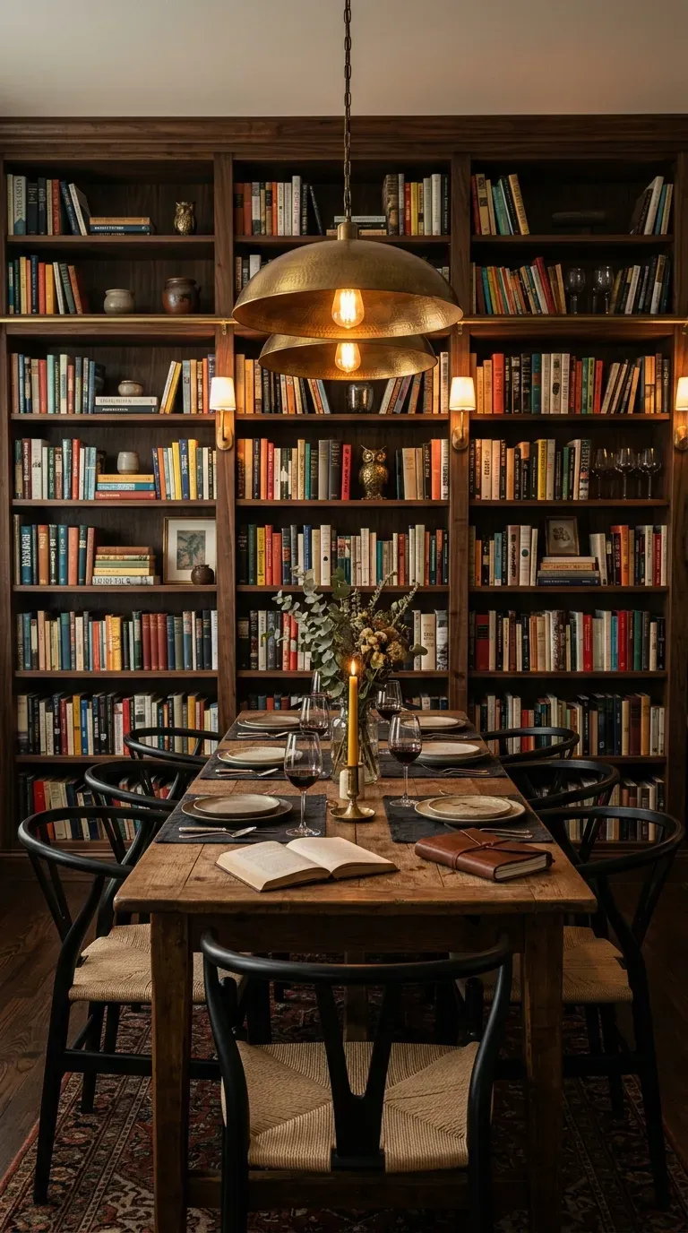 12 Aesthetic Dining Room Wall Decor Styles to Copy Today 5 A cozy dining room library with floor-to-ceiling dark wood bookshelves