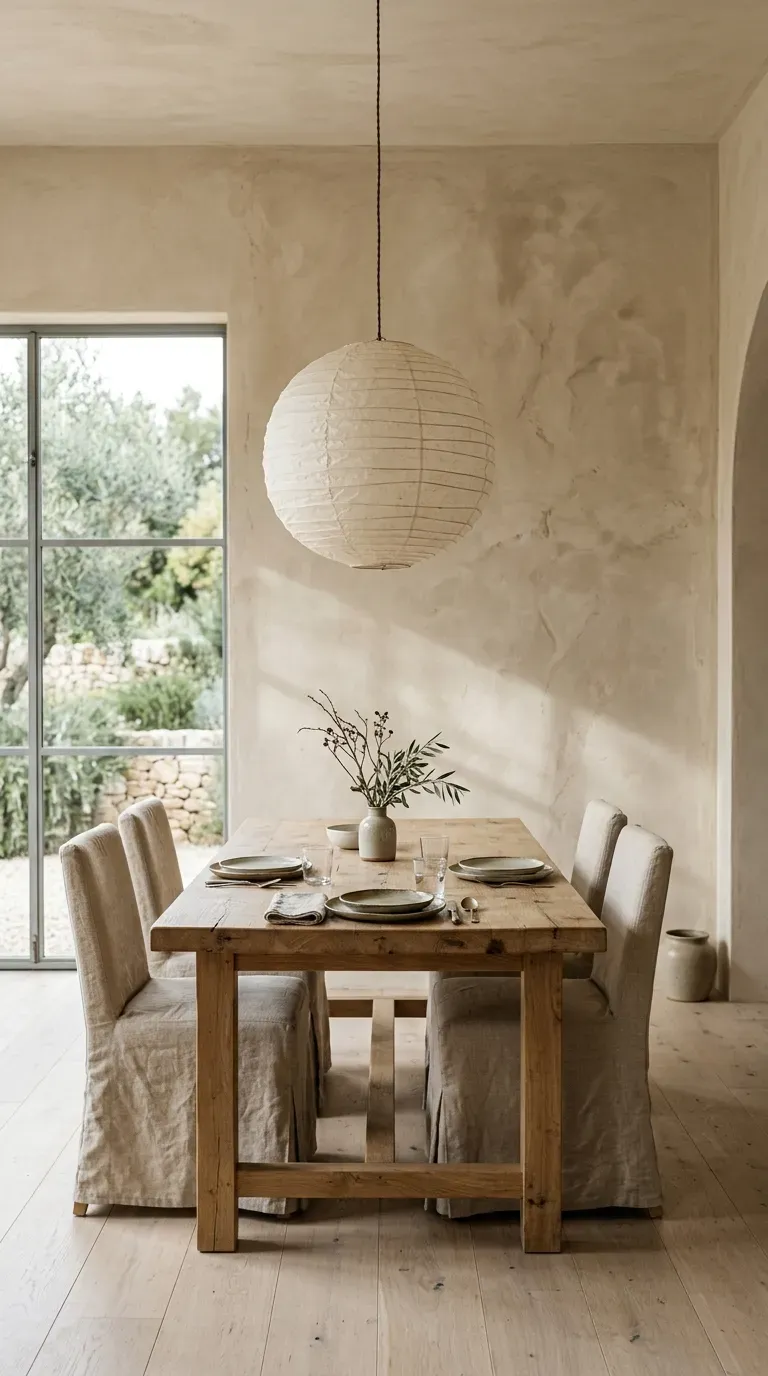 12 Aesthetic Dining Room Wall Decor Styles to Copy Today 7 A minimalist dining room with textured warm beige lime washed walls