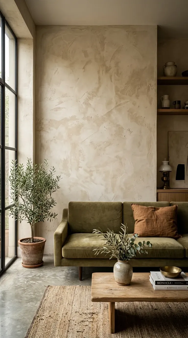 15 Genius Aesthetic Room Ideas You Need to Try 12 A deeply textured beige limewash accent wall in a modern room