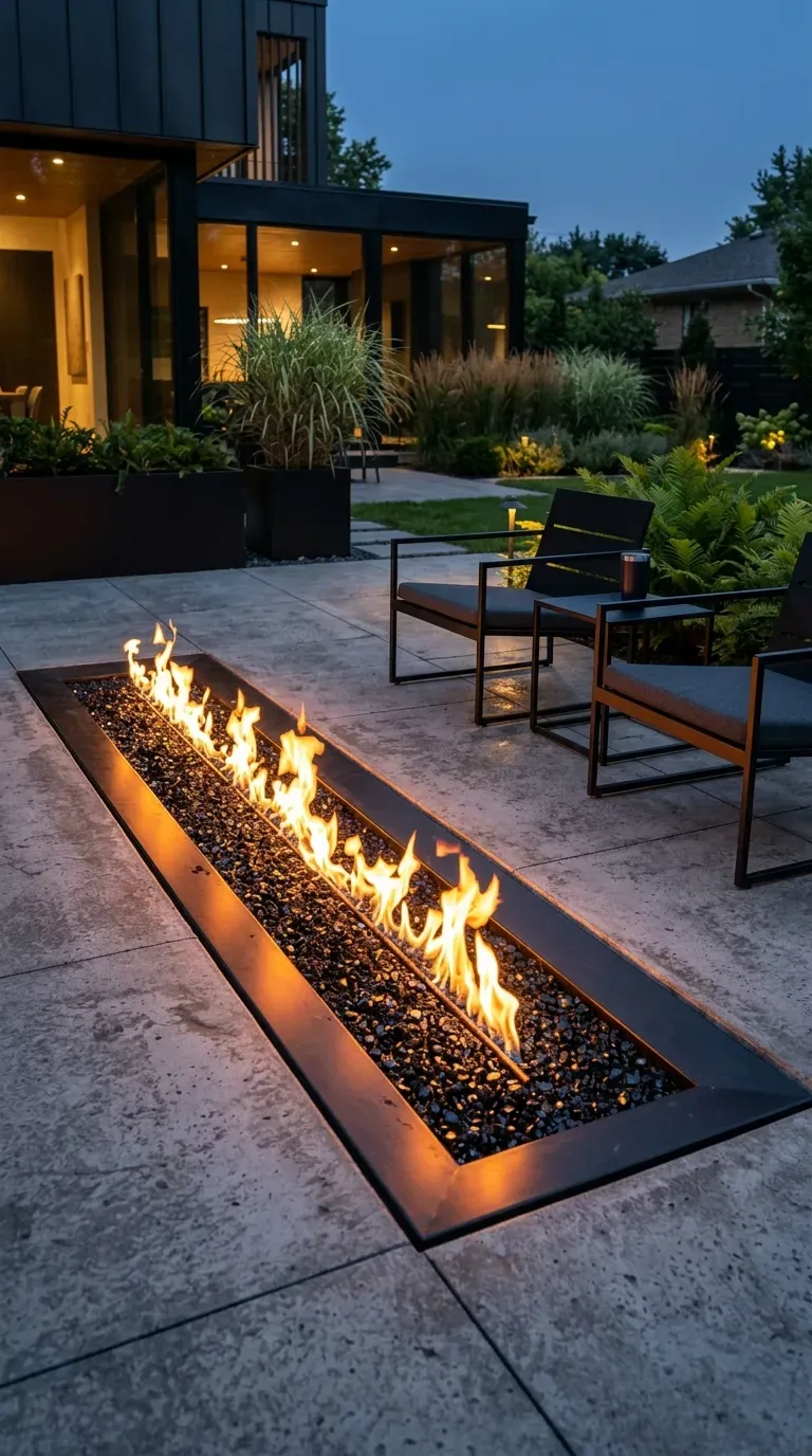 A sleek linear gas fire pit glowing on a concrete patio
