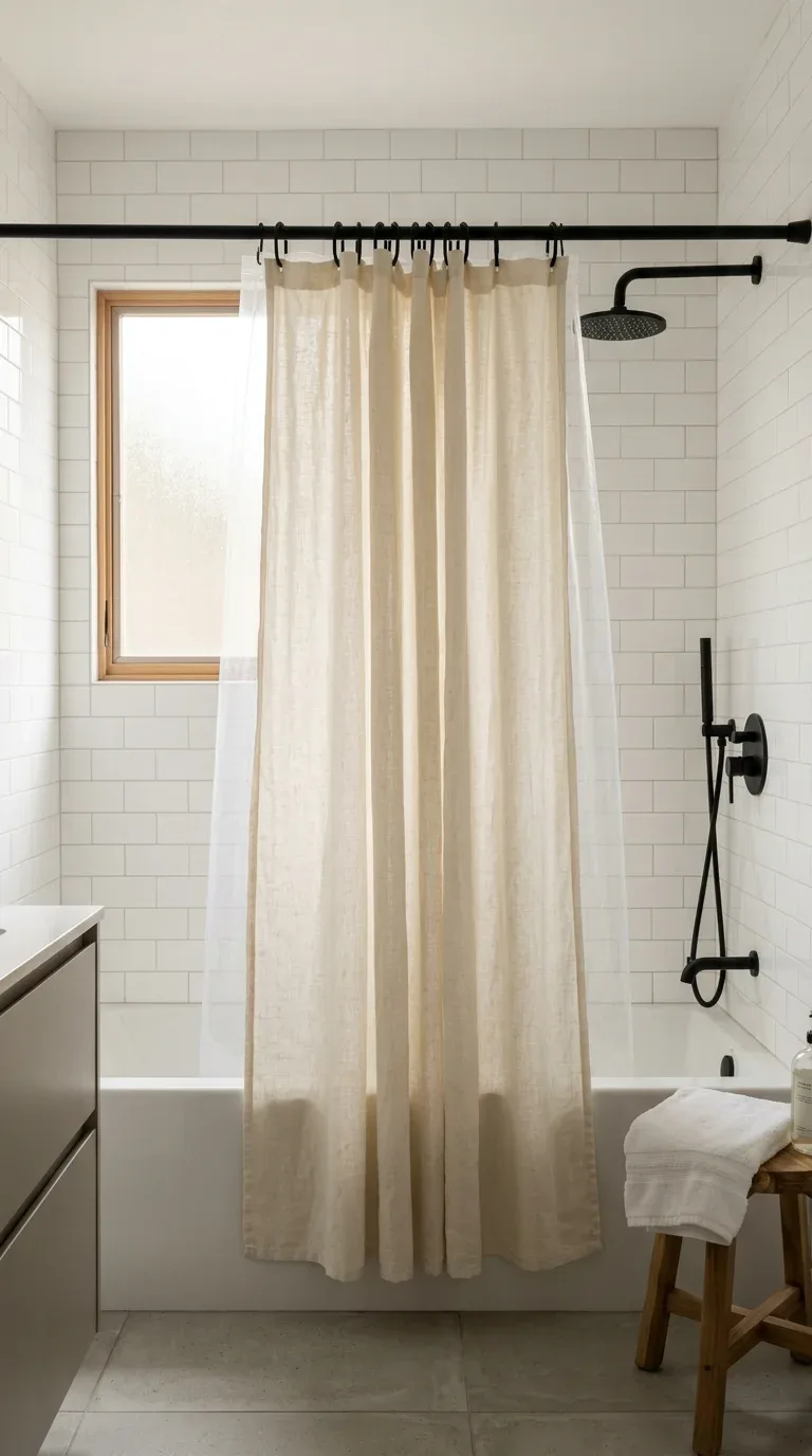 17 Minimalist Bathroom Ideas on a Budget 17 A linen shower curtain paired with a clear liner in a minimalist bathroom shower