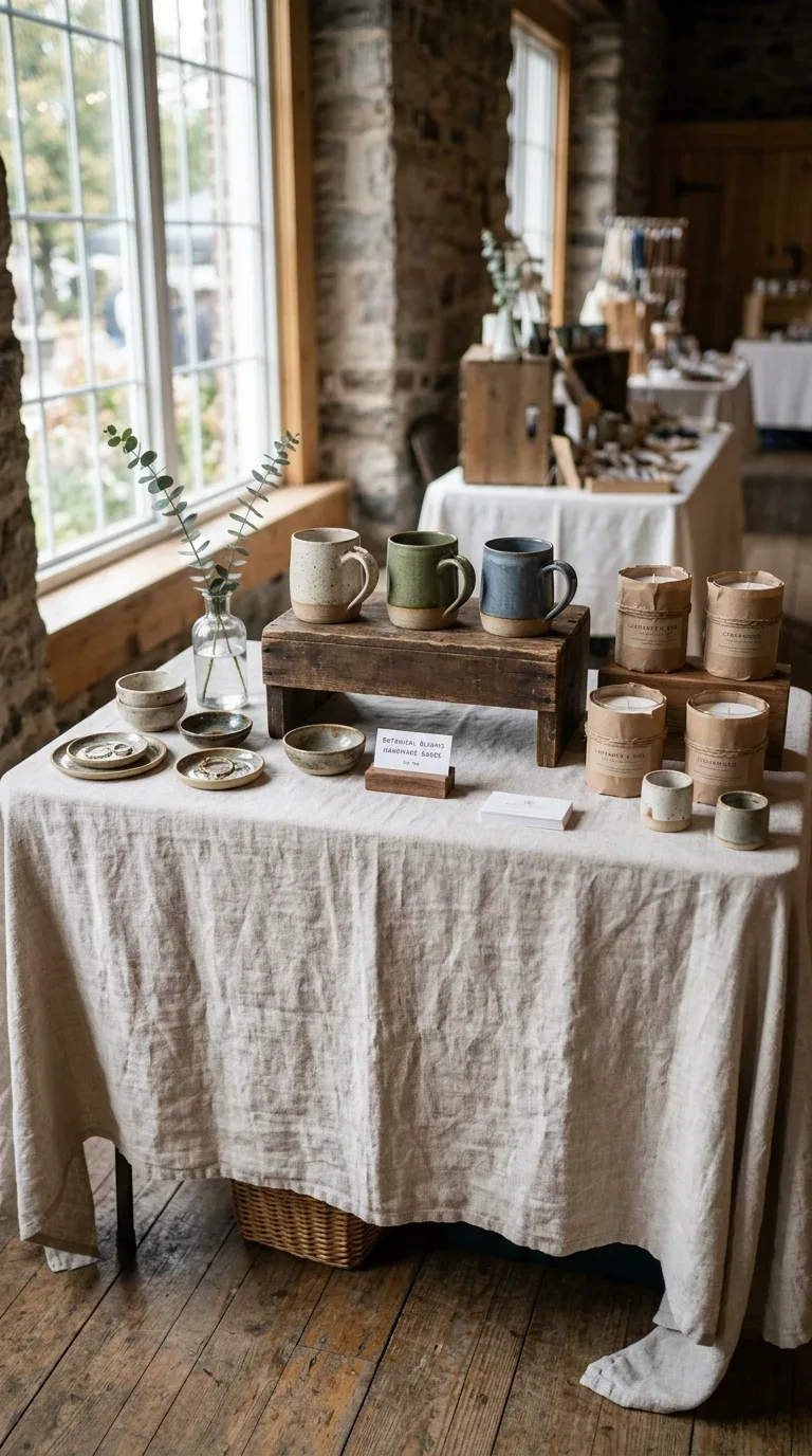 A craft fair booth with a natural linen tablecloth draped to the floor as a display base