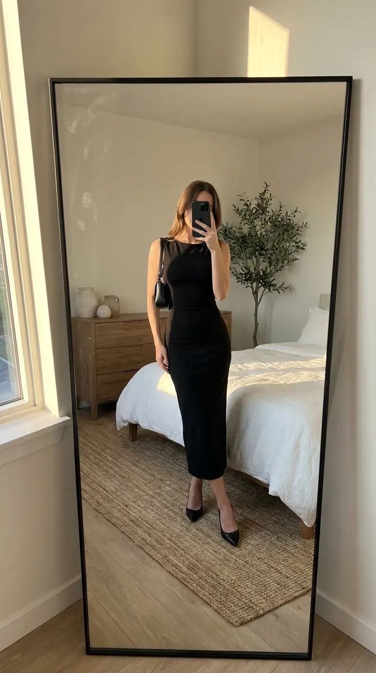 Woman wearing a little black dress taking an iPhone mirror selfie.