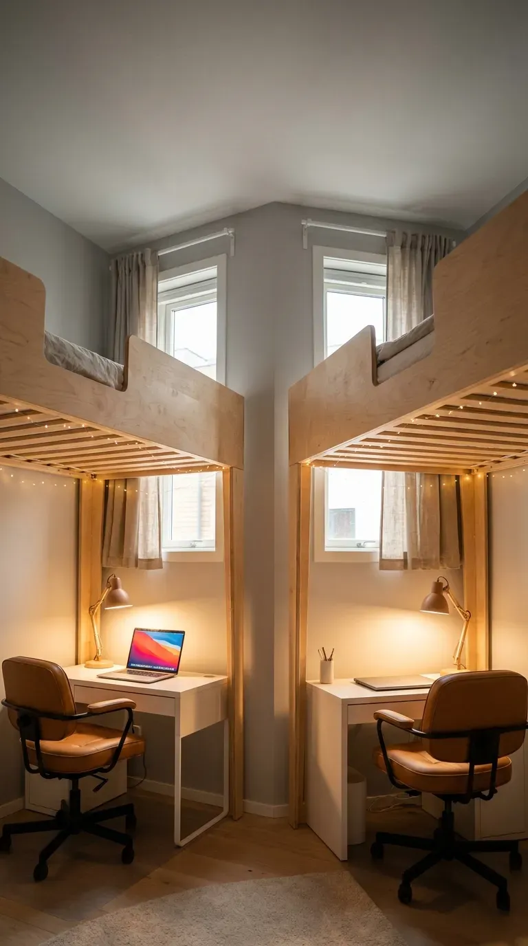 15 Genius Shared Bedroom Ideas You Need to Try 6 Two lofted wooden beds with modern desks and chairs underneath
