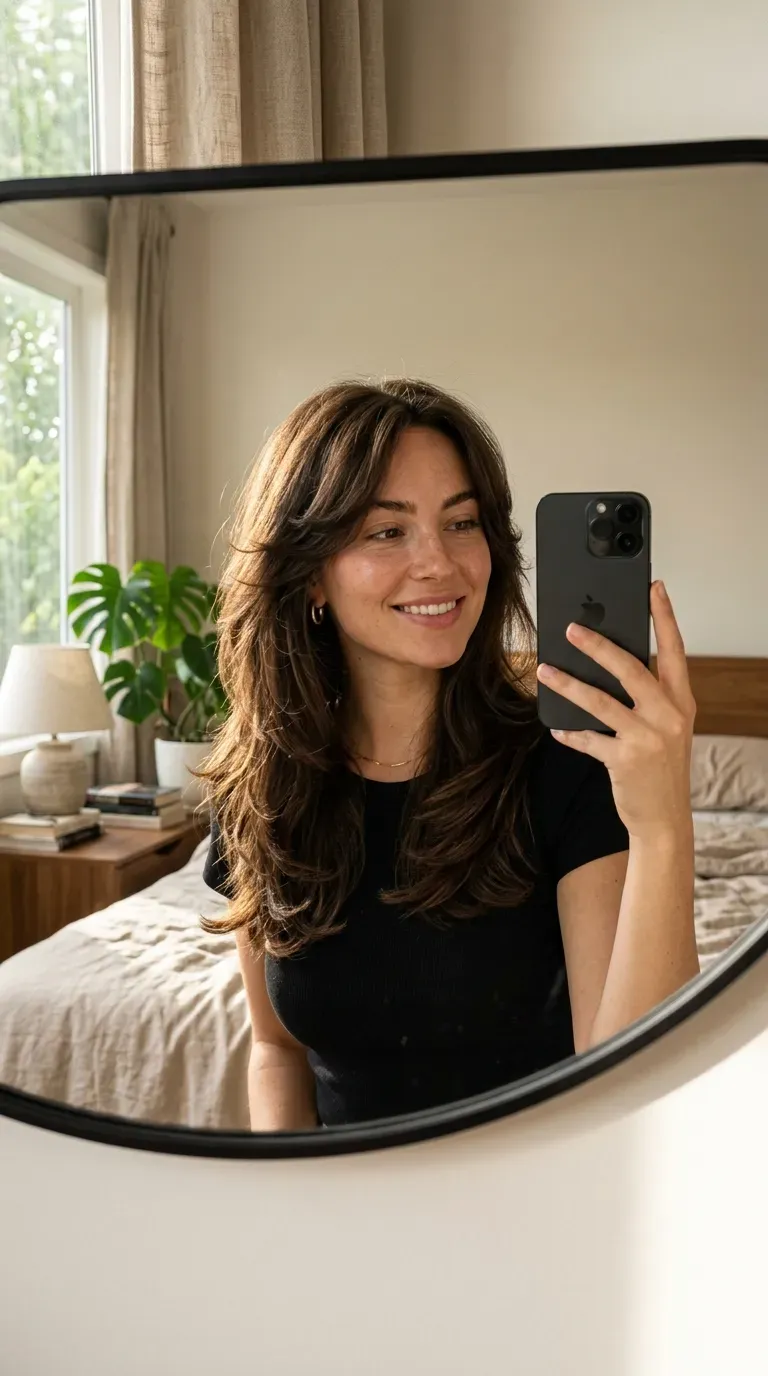 7 Kitty Cut Hairstyle Ideas That Are Soft, Trendy, and Effortlessly Chic 4 Woman with a long kitty cut taking an iPhone mirror selfie.