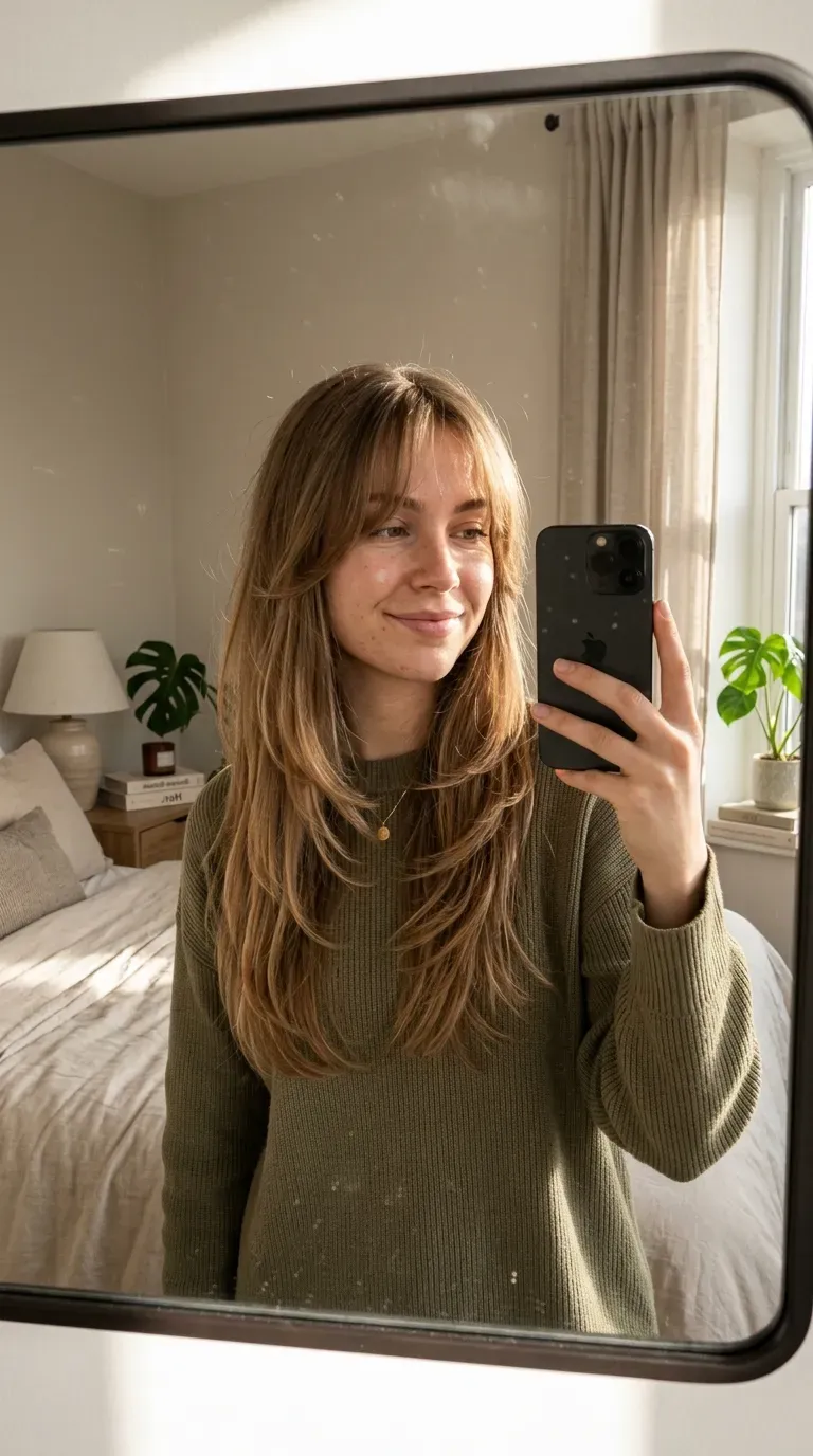 Woman with long layers and curtain bangs taking an iPhone mirror selfie.