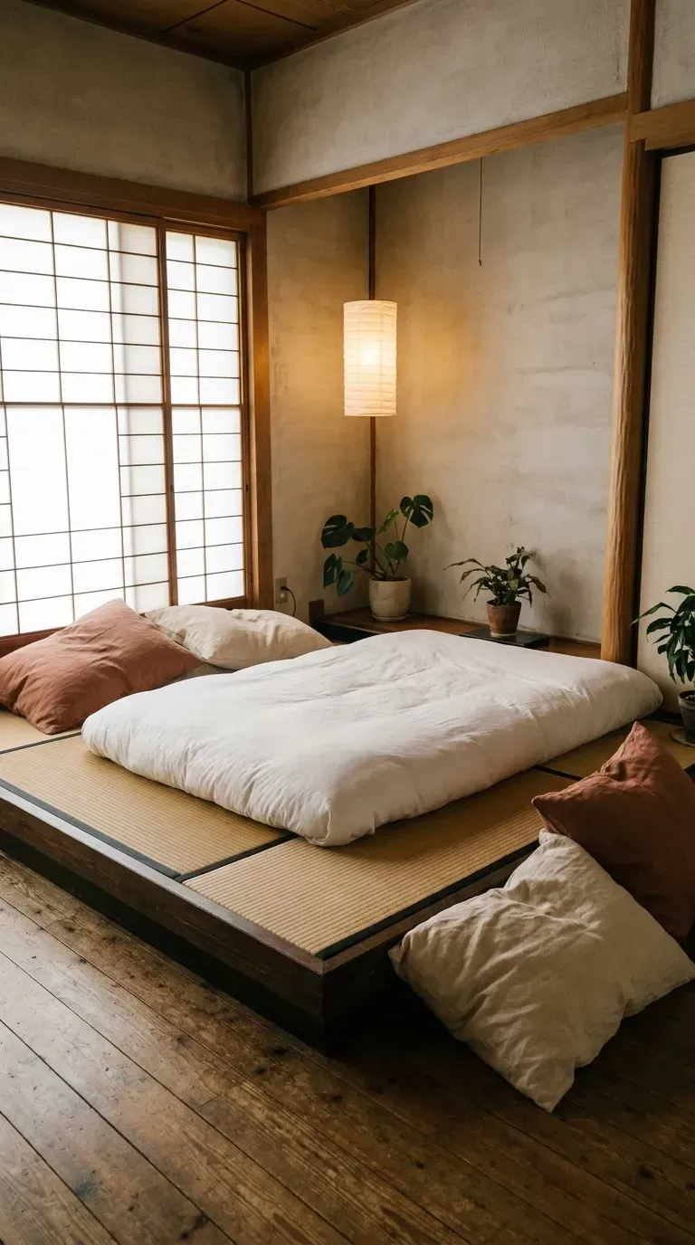 A low-profile floor mattress surrounded by comfortable textured floor cushions