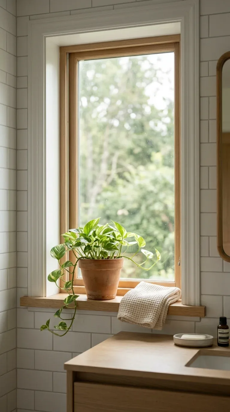 17 Minimalist Bathroom Ideas on a Budget 9 A small pothos plant in a terracotta pot on a minimalist bathroom windowsill