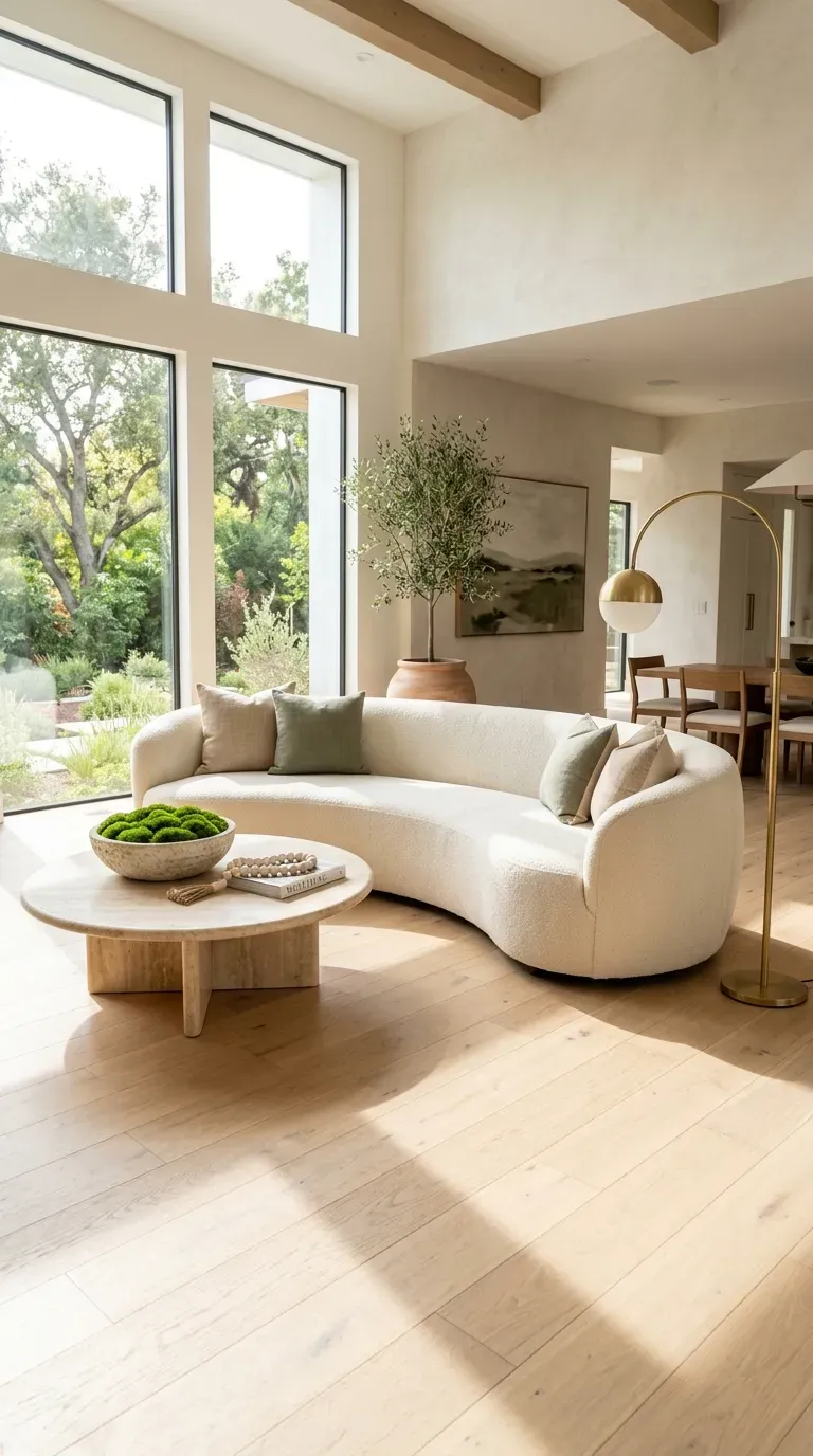 10 Must-Try Contemporary Modern Interior Ideas That Look Stunning 5 A sleek, low-profile curved cream sofa in a modern sunlit living area
