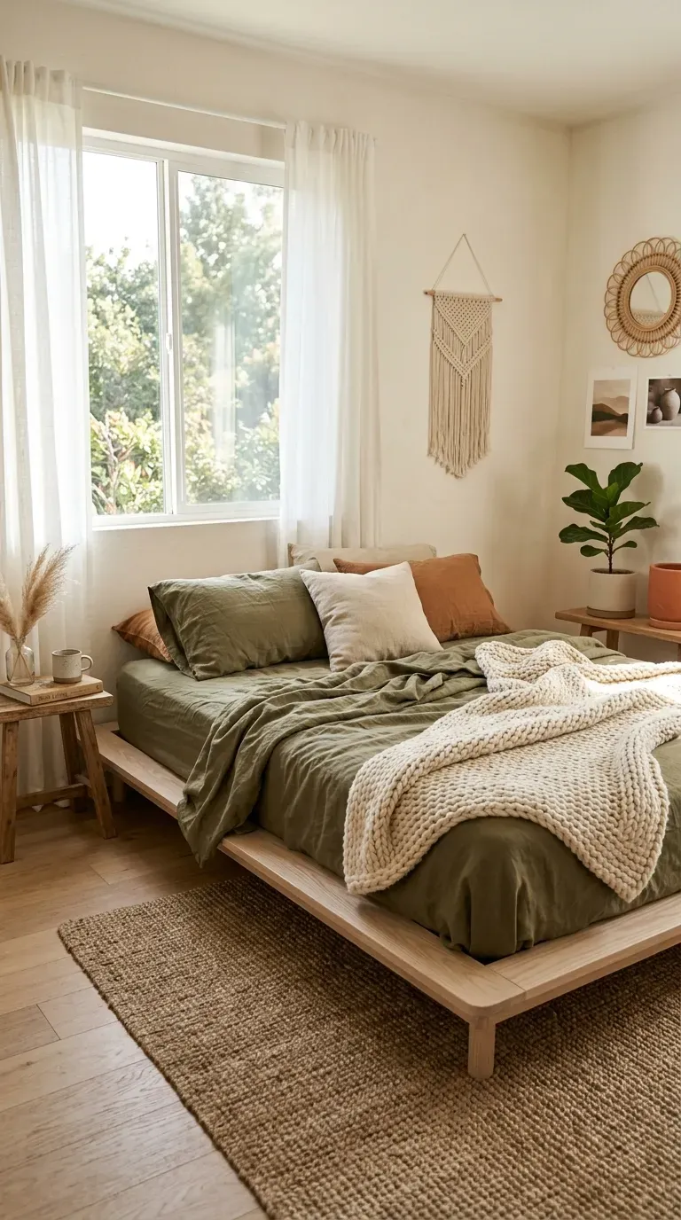 15 Genius Bohemian Home Decor Ideas You Need to Try 8 A minimal, low-profile wooden platform bed in a bohemian room