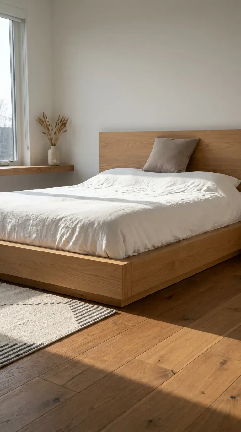 A sleek low-profile wooden platform bed in a bright minimalist room