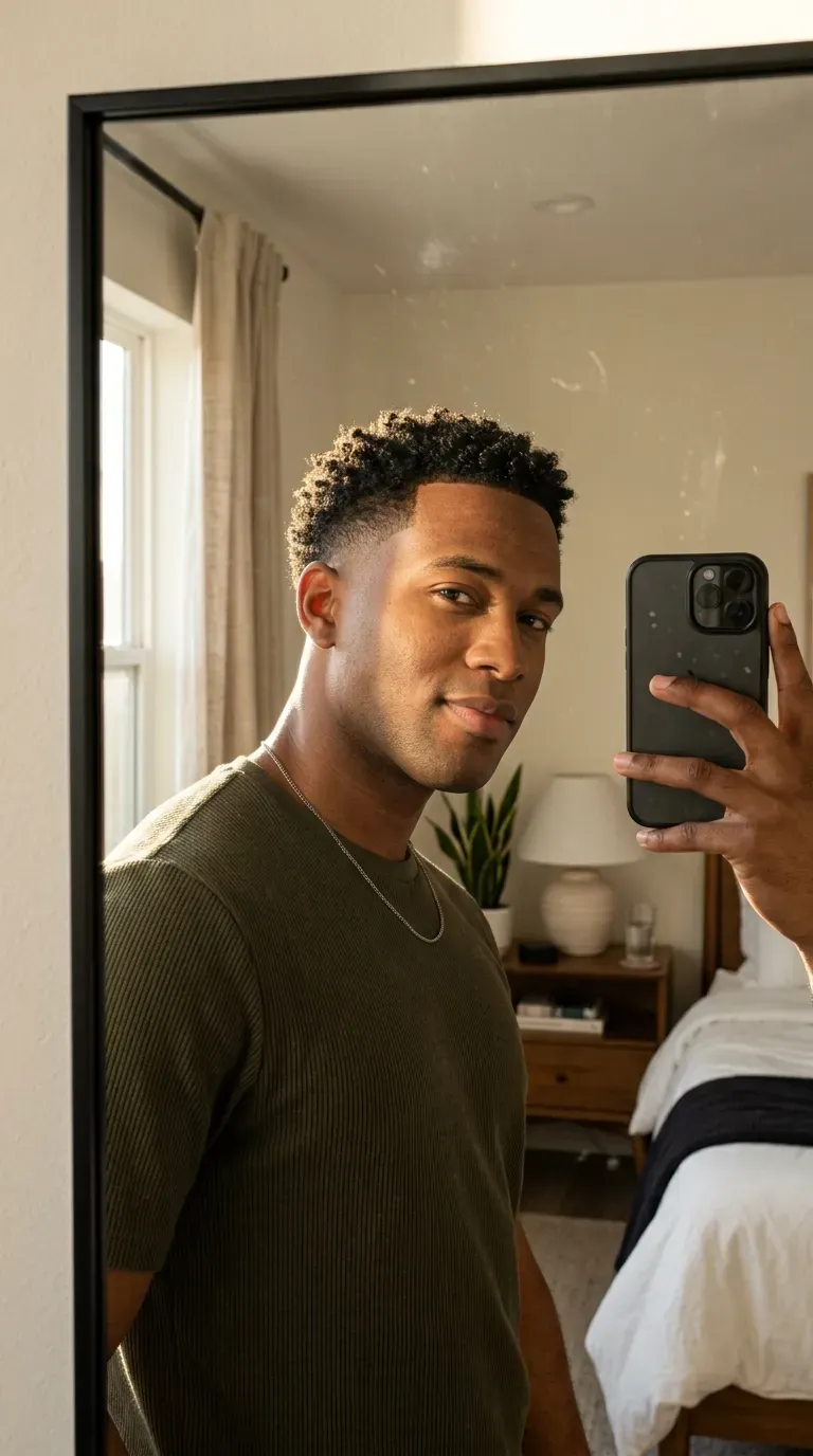 7 Haircut Ideas for Black Men That Are Stylish, Sharp, and Always on Trend 2 Black man with a low taper fade taking an iPhone mirror selfie.
