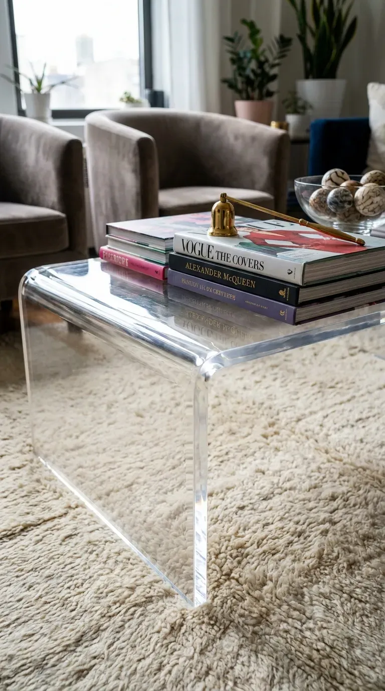 10 Genius Small Room Ideas to Maximize Your Space 7 A clear acrylic coffee table in a small living room