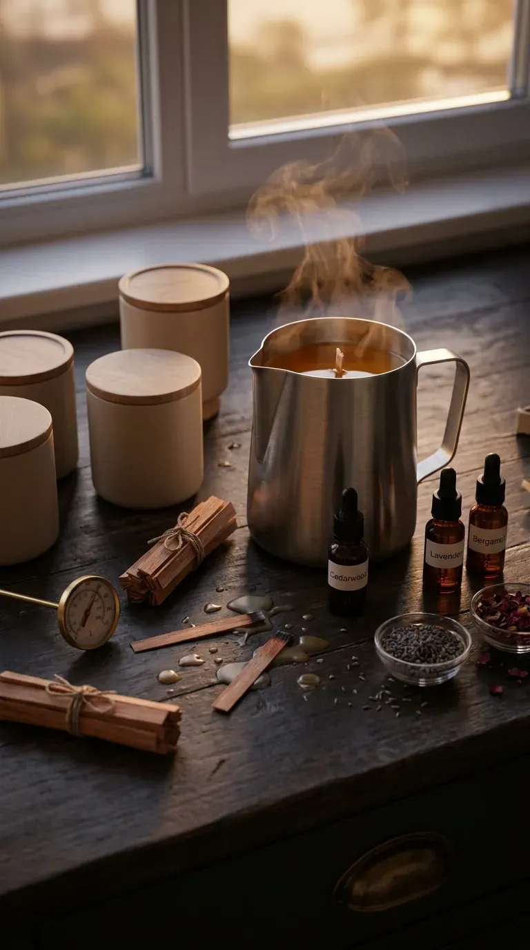 12 Stunning Adult Craft Kits That Will Boost Your Creativity 4 Artisanal candle making setup with pouring pitcher matte ceramic jar and dried botanicals