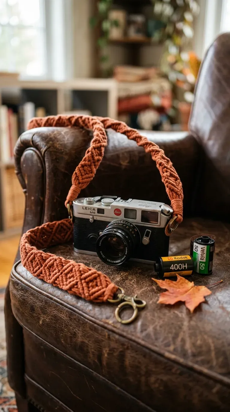 A vintage camera attached to a beautifully woven macrame neck strap