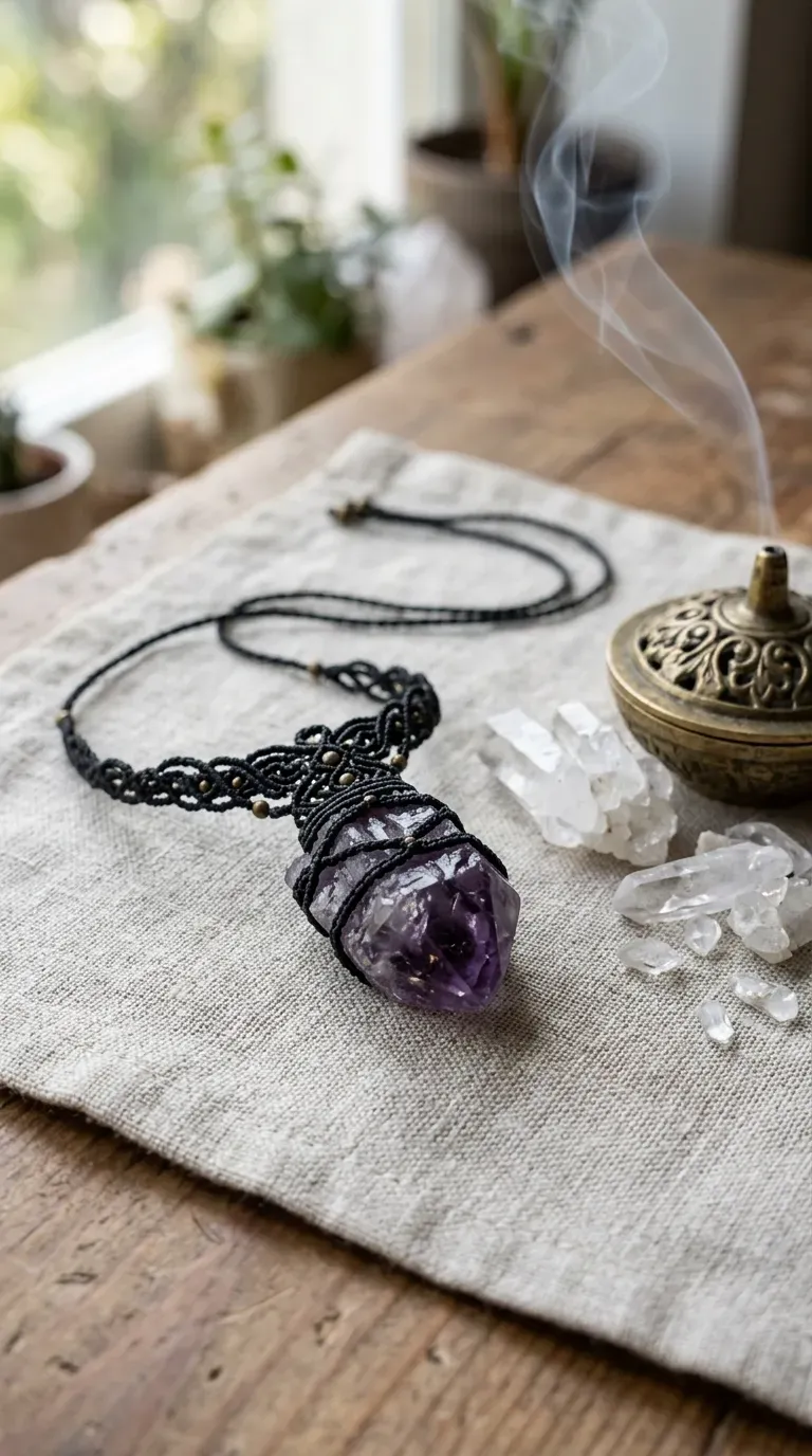 A fine black macrame necklace holding a raw amethyst crystal