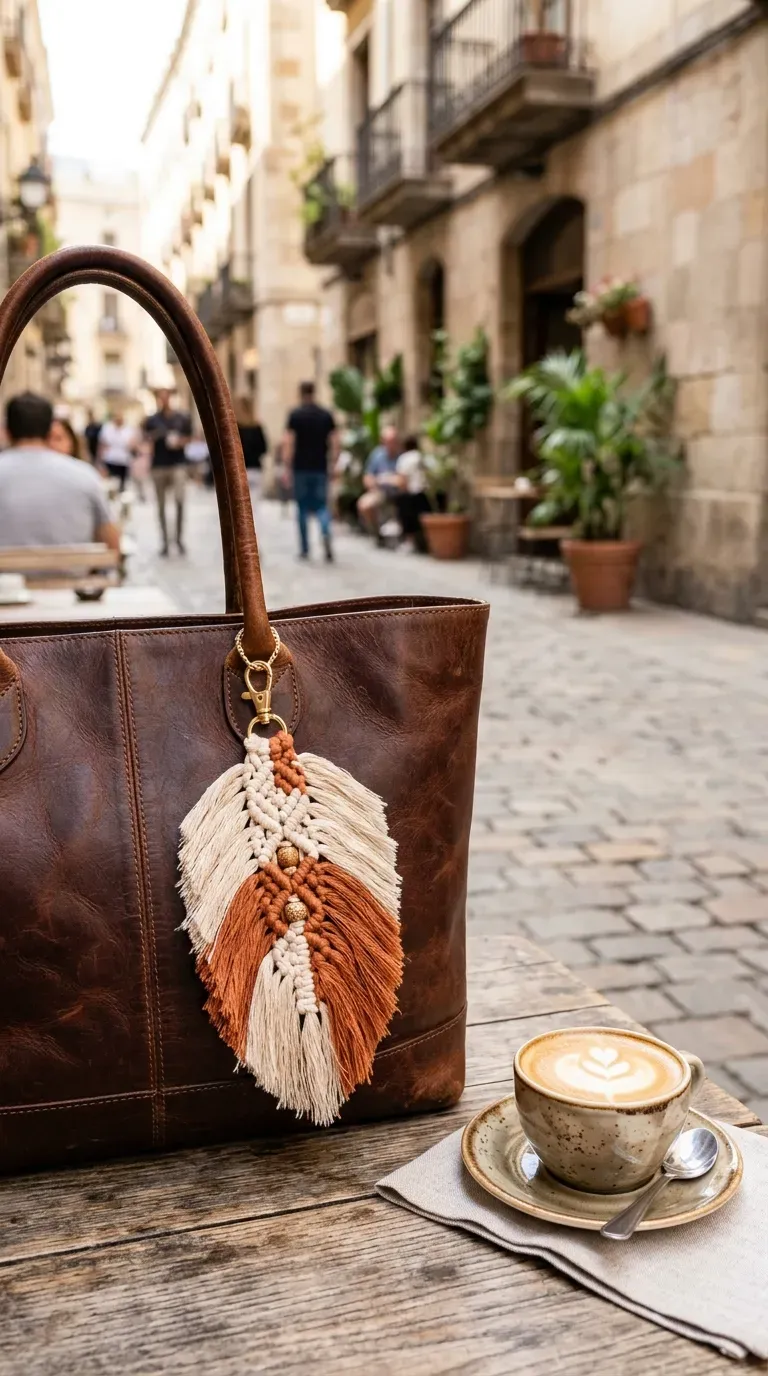 A brushed macrame feather charm attached to a brown leather tote bag