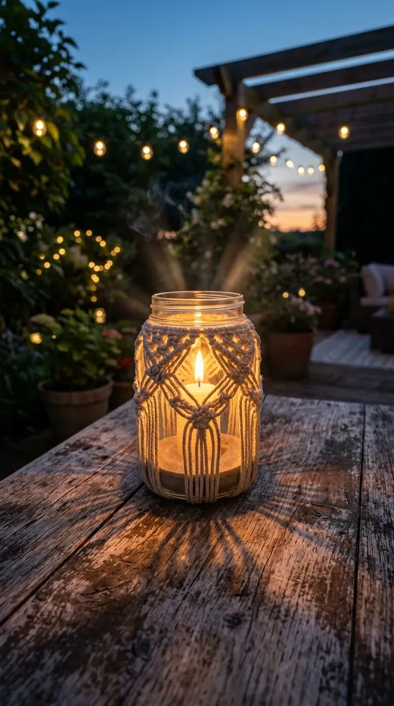 A glass jar wrapped in macrame holding a lit candle in a dark room