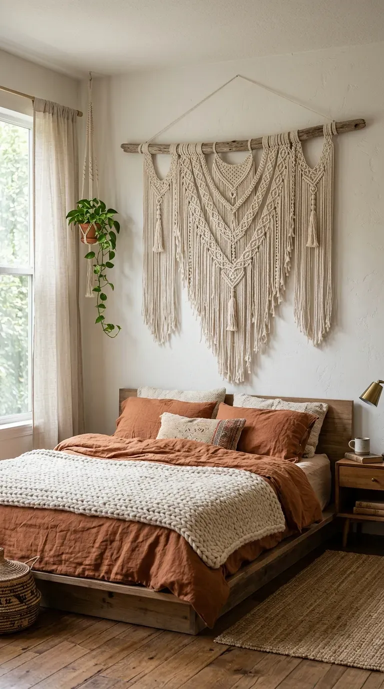 15 Genius Bohemian Home Decor Ideas You Need to Try 4 A large, intricate macrame wall hanging displayed above a cozy bed