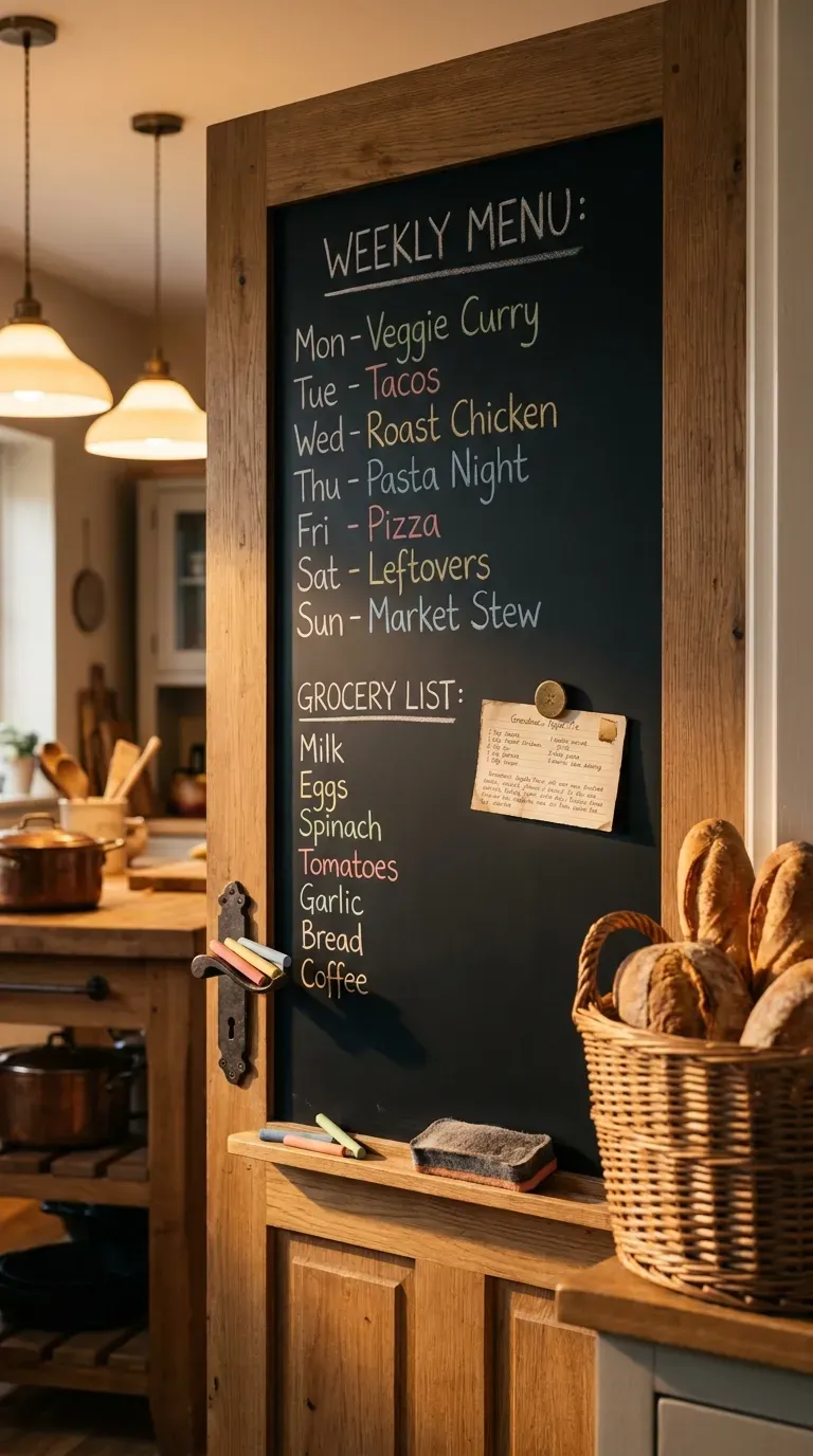 13 Genius Interior Door Makeovers You Need to Try 10 Pantry door painted with chalkboard paint featuring handwritten grocery lists and magnets