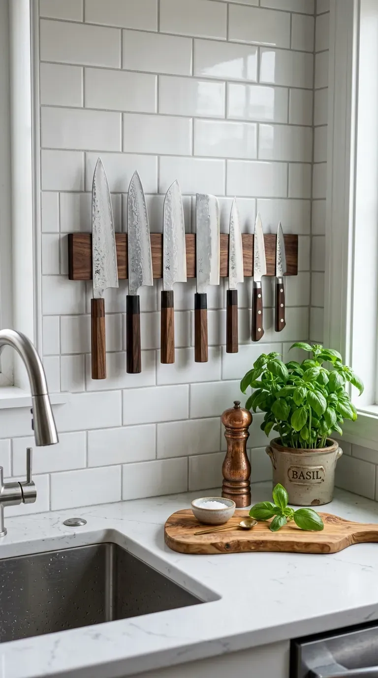 A sleek magnetic knife strip holding professional chef knives in a modern tiny kitchen