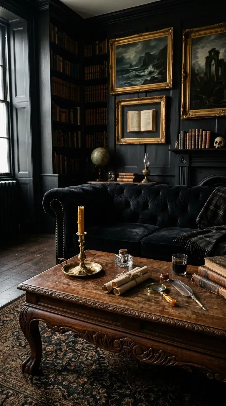 12 Black and Brown Living Room Designs That Will Transform Your Home 8 Antique mahogany furniture paired with a moody black velvet sofa