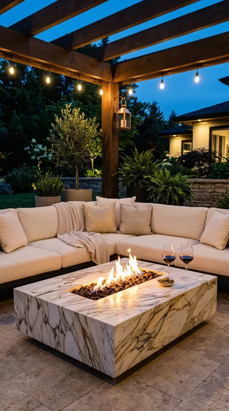 A low-profile marble fire table glowing in an outdoor lounge