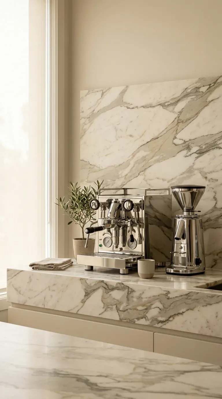 15 Genius Coffee Corner Ideas You Need to Try 11 A luxurious coffee bar featuring a heavily veined solid marble backsplash