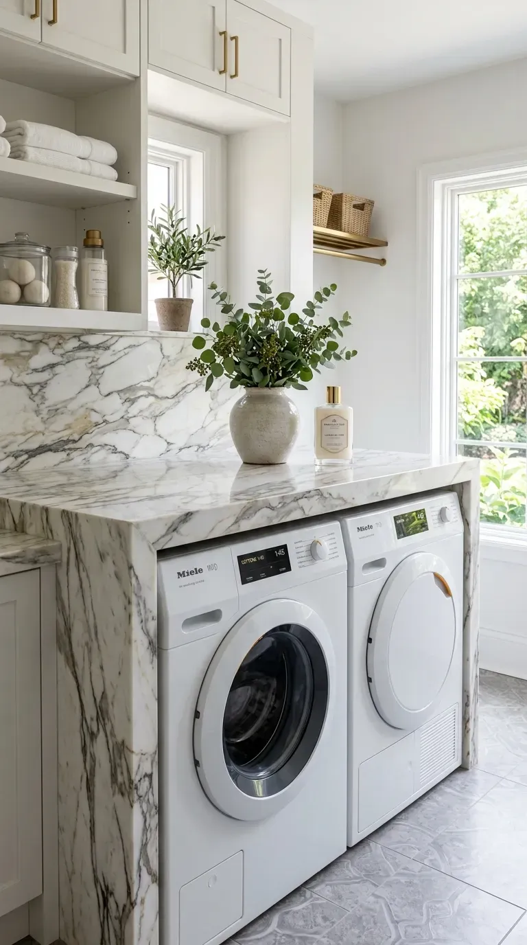 A luxurious laundry room with a thick marble waterfall countertop over appliances