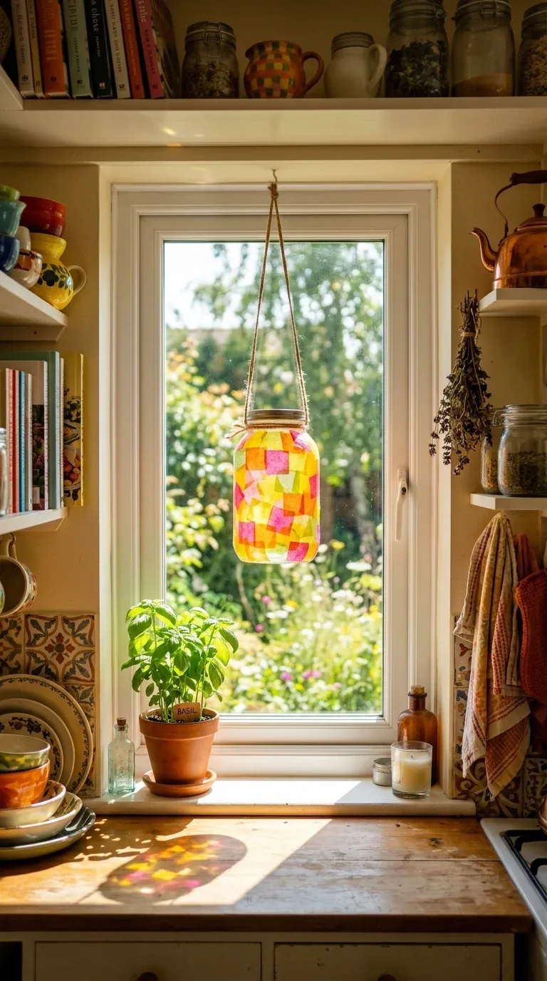 18 Fun Summer Craft Activities for Any Age 5 A mason jar decorated with colorful tissue paper hanging as a sun catcher in a window