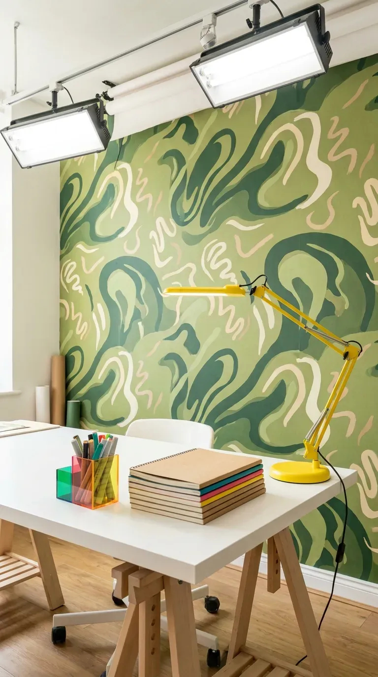 15 Gorgeous Green Aesthetic Wallpaper Ideas You Need to Try 9 A modern creative studio with matcha green abstract shape wallpaper