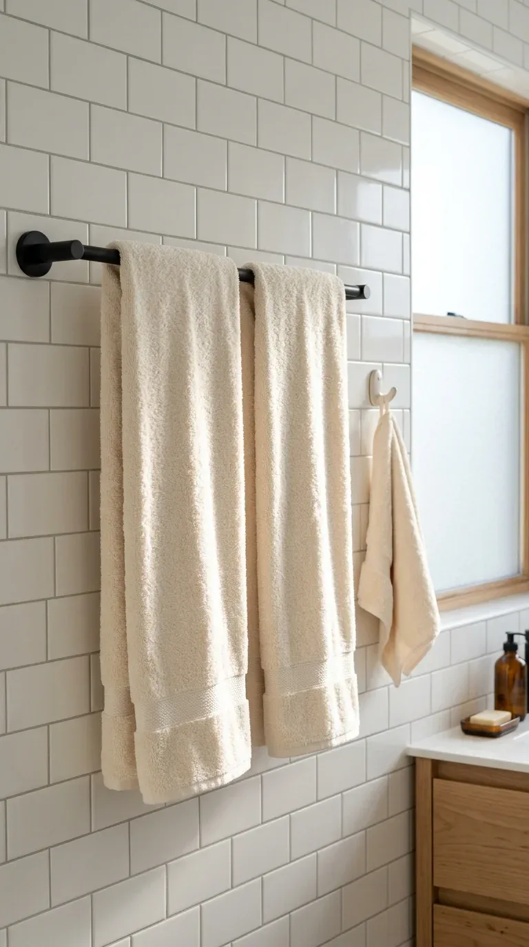 17 Minimalist Bathroom Ideas on a Budget 13 A matching set of cream bath towels hanging on a minimalist bathroom towel bar