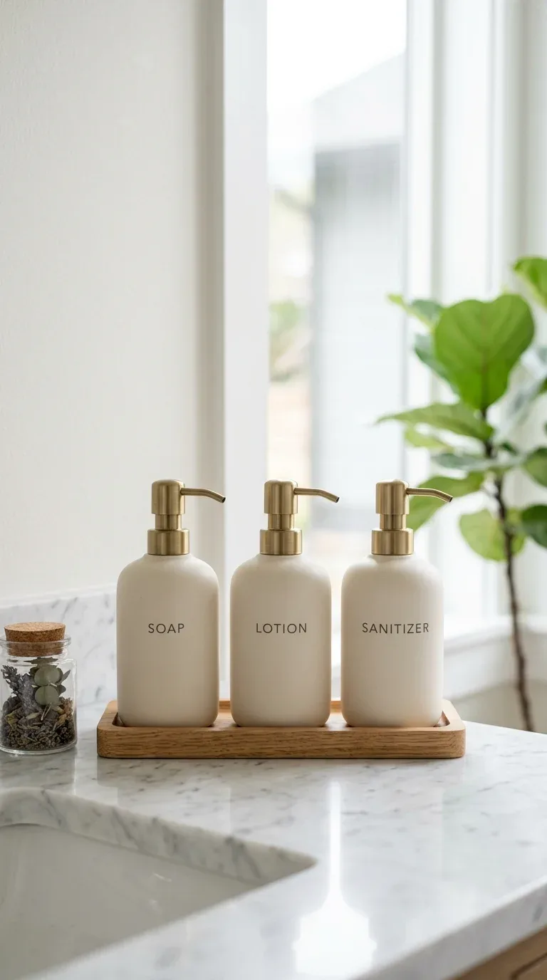 17 Minimalist Bathroom Ideas on a Budget 10 Matching ceramic soap and lotion dispensers on a minimalist bathroom counter