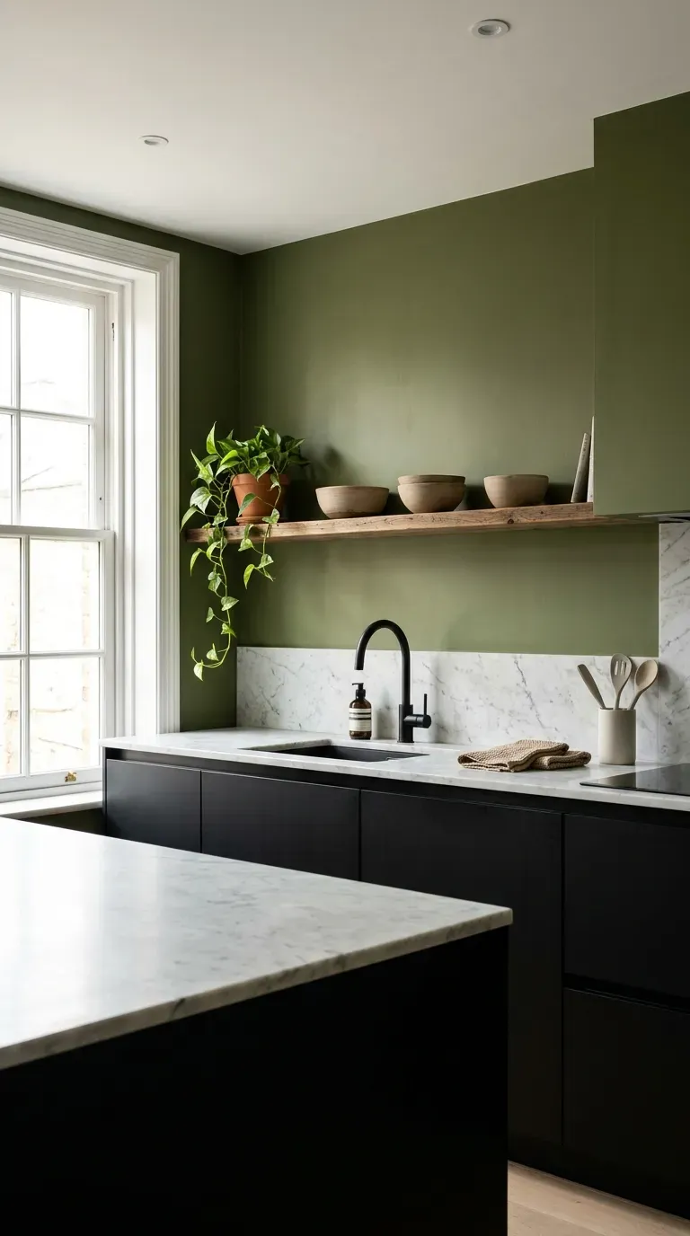 A modern kitchen with matte black cabinets and olive green walls