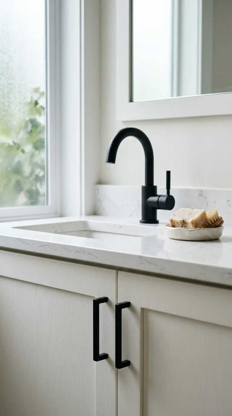 17 Minimalist Bathroom Ideas on a Budget 3 A bathroom vanity with matching matte black hardware and fixtures for a cohesive look