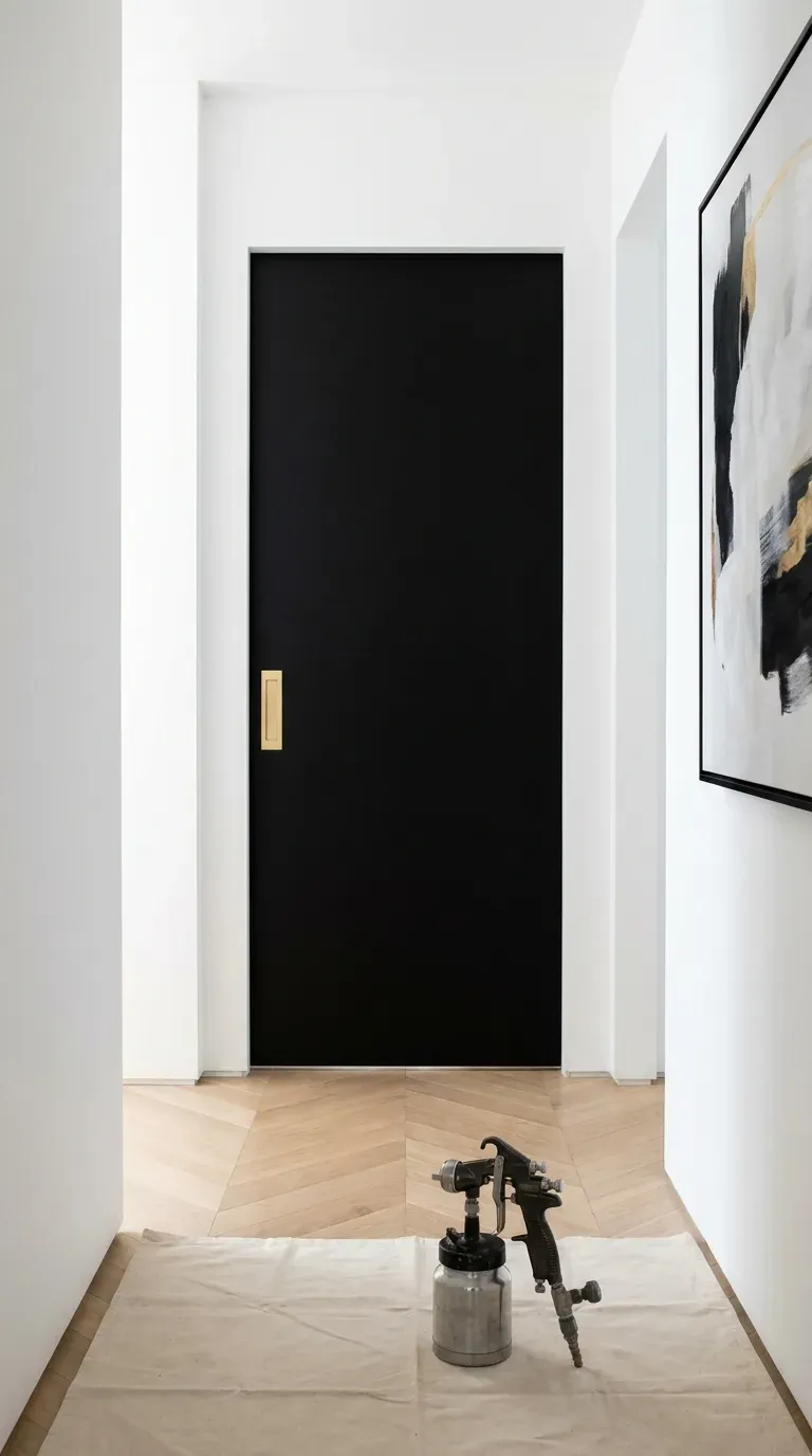 13 Genius Interior Door Makeovers You Need to Try 13 Sleek matte black interior door with gold hardware in a bright white hallway