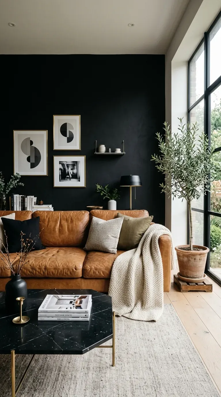 12 Black and Brown Living Room Designs That Will Transform Your Home 2 Matte black living room featuring a rich caramel leather modern sofa